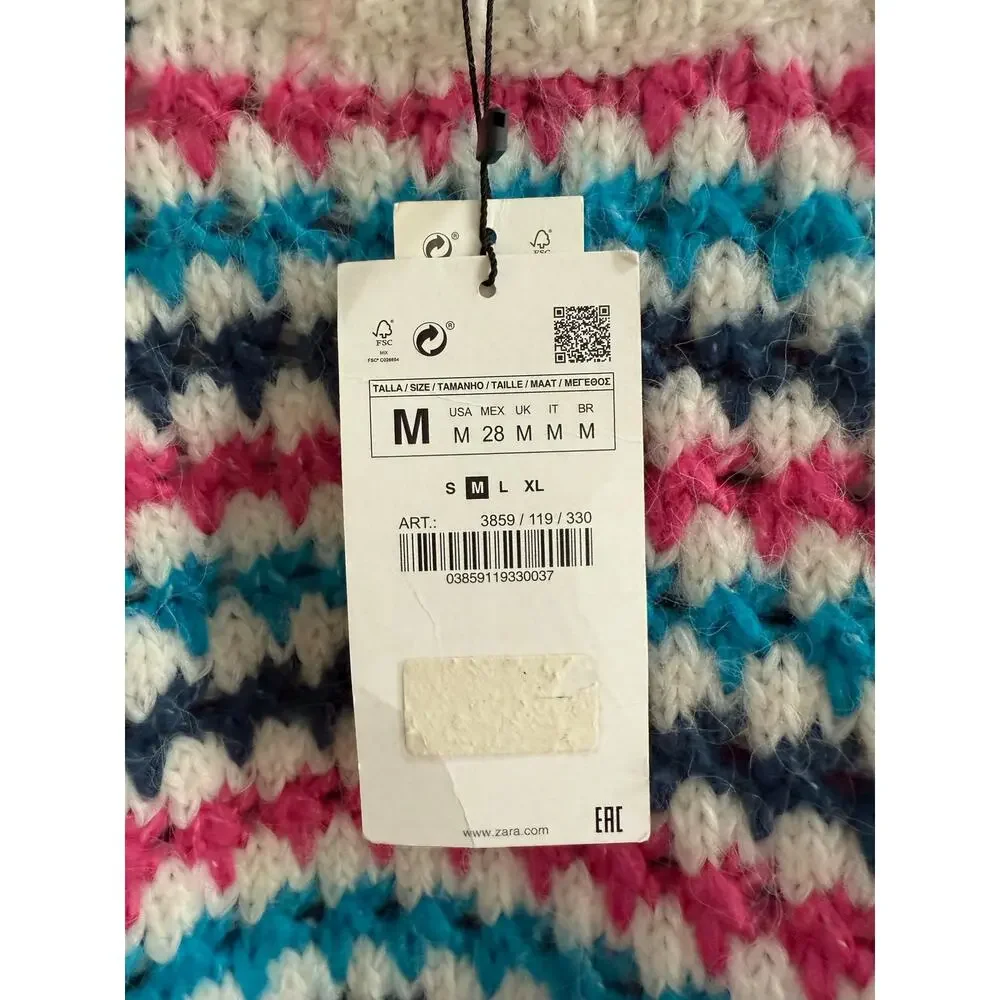 Zara NWT Chunky White Blue Pink Striped Knit Crewneck Pullover Sweater Medium - Picture 12 of 16